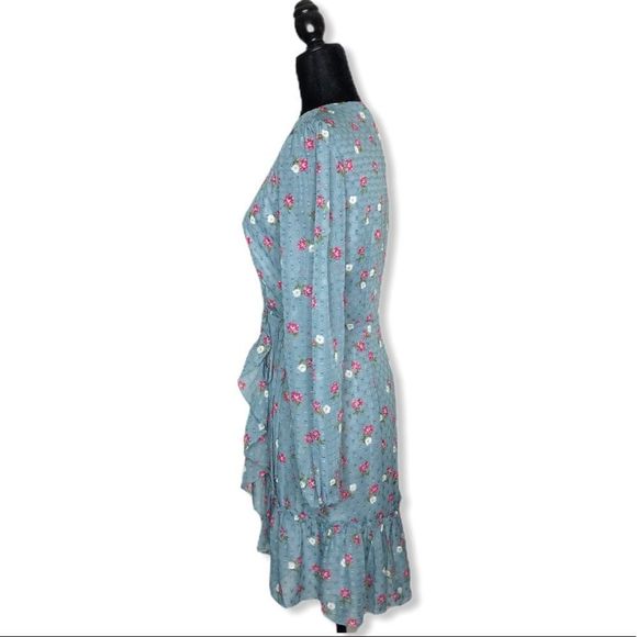 Wayf Eloise Long Sleeve Blue Mini Wrap Dress NWT - Picture 9 of 15